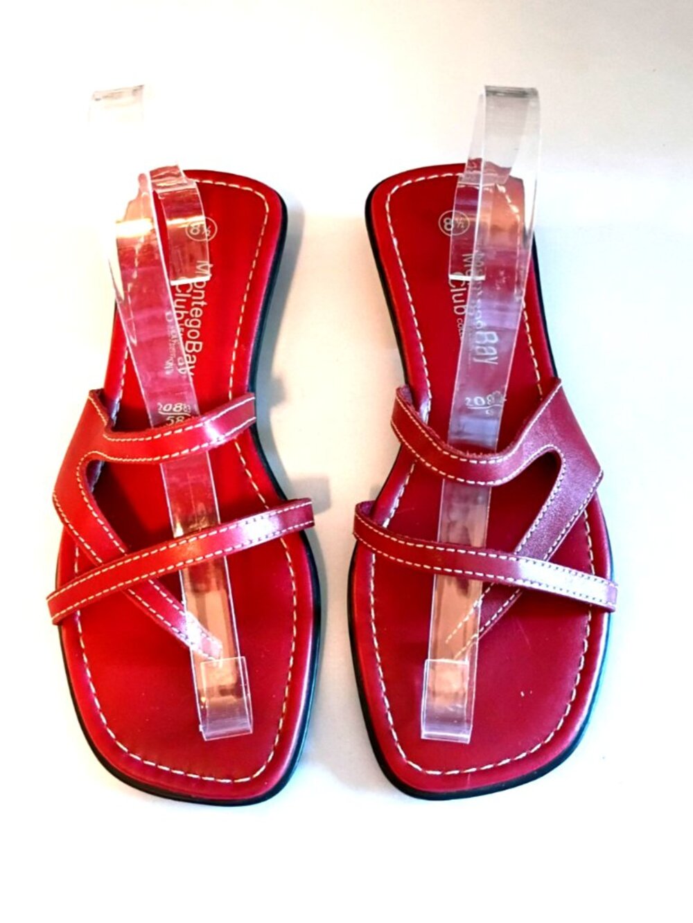 Montego Bay Club Sandals Red Leather Strappy Toe Post Low Heel - 8.5M